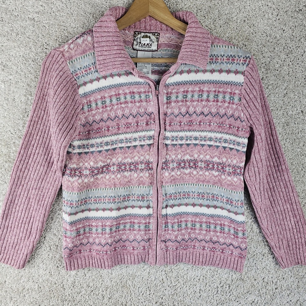 VTG Tiara International Fair Isle Nordic Sweater Cardigan Pink Size Small Zip